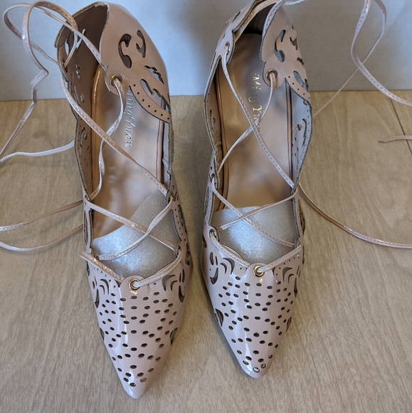 Nude Patent Laser Cut Lace Up Ankle Wrap Heels 8 - Picture 4 of 13